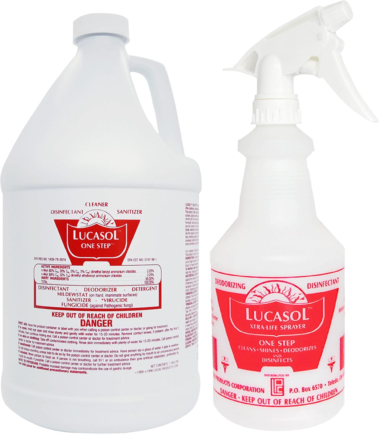 Lucasol One Step Disinfectant, 32 Fl Oz Disinfectant & 24 Oz Empty Refillable Spray Bottle Combo. Multi Purpose Cleaner Spray For Hospitals, Schools, Salons, Household Cleaning And More