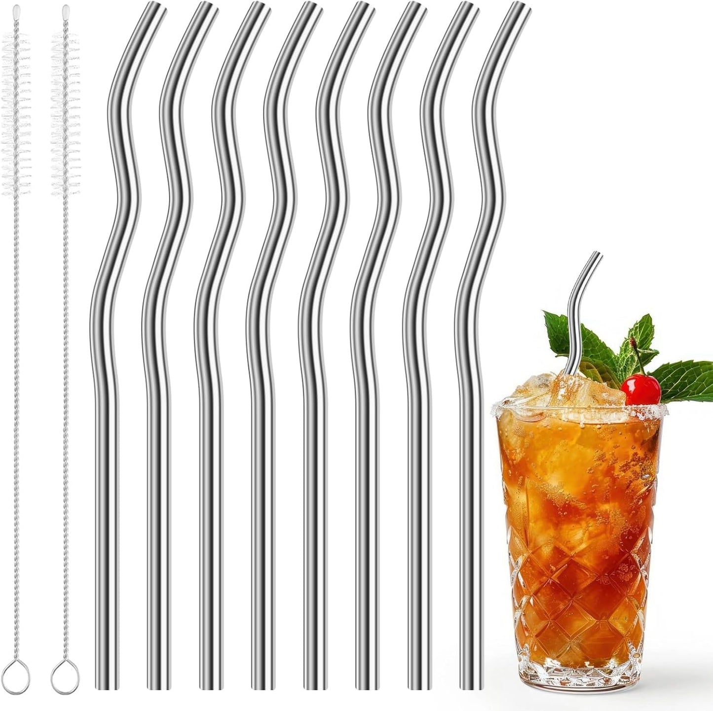 8 Pack Reusable Metal Straws Set, 9.25” x 8 mm Wavy Metal Straws Reusable Stainless Steel Straws with 2 Cleaning Brush, Metal Drinking Straw for Cocktail Coffee Beverage (Silver)