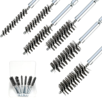 6 Pcs Stainless Steel Bore Brush Set with 1/4" Hex Shank Twisted Wire Bristles, Different Sizes (8, 10, 12, 15, 17, 19mm) for Rust and Tube Cleaning