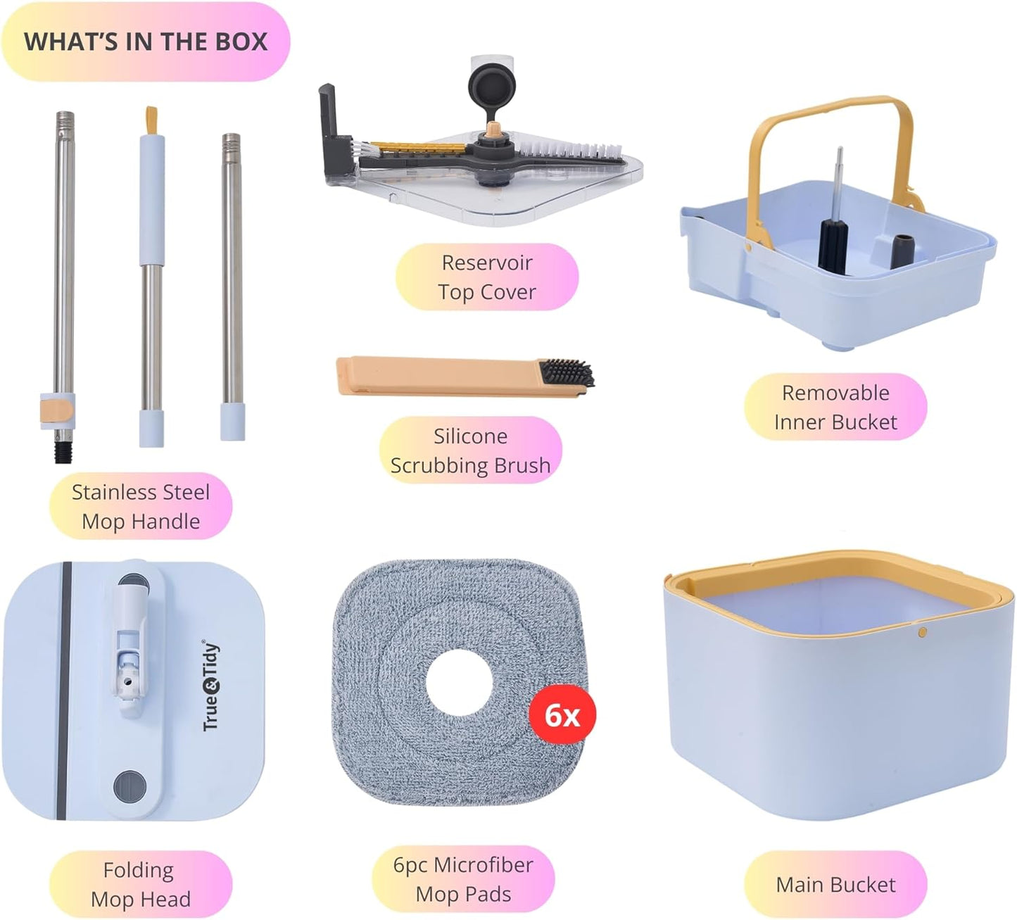 Spin Mop and Bucket System PRO w/Detachable Inner Bucket, Separates Clean and Dirty Water, Self Standing, Foldable Square Mop Head, Triple Jet Stream w/Hidden Brush, Replaceable 2pc Pads