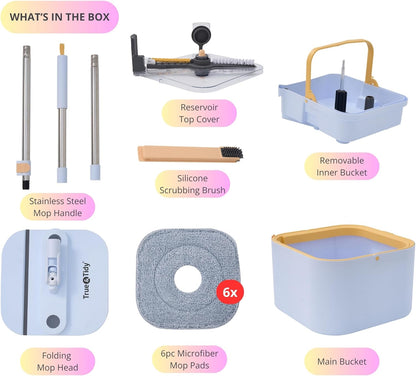 Spin Mop and Bucket System PRO w/Detachable Inner Bucket, Separates Clean and Dirty Water, Self Standing, Foldable Square Mop Head, Triple Jet Stream w/Hidden Brush, Replaceable 2pc Pads