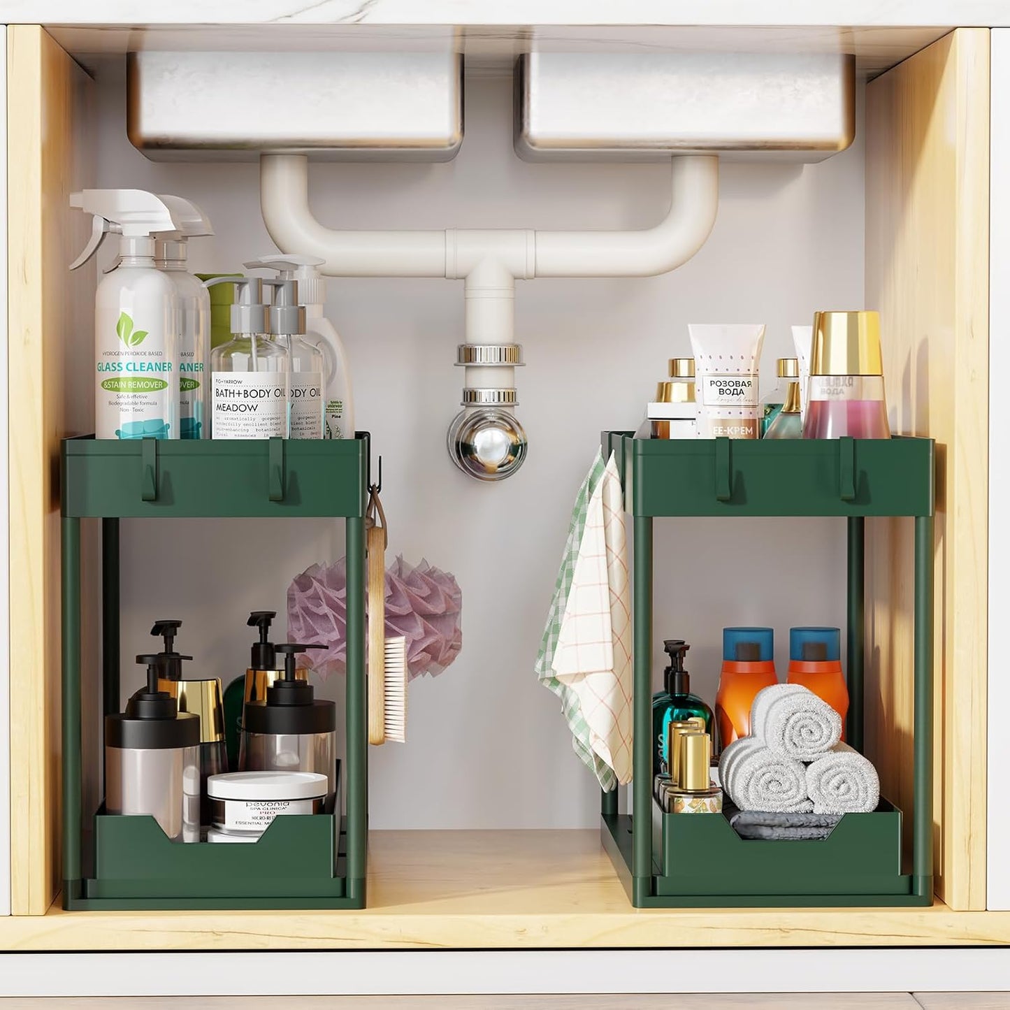 Simple Trending Under Sink Organizer 2 Pack, Sink Pull-Out Sliding Storage Cabinet, 2-Tier Under Shelf Organizer for Kitchen Bathroom, Black
