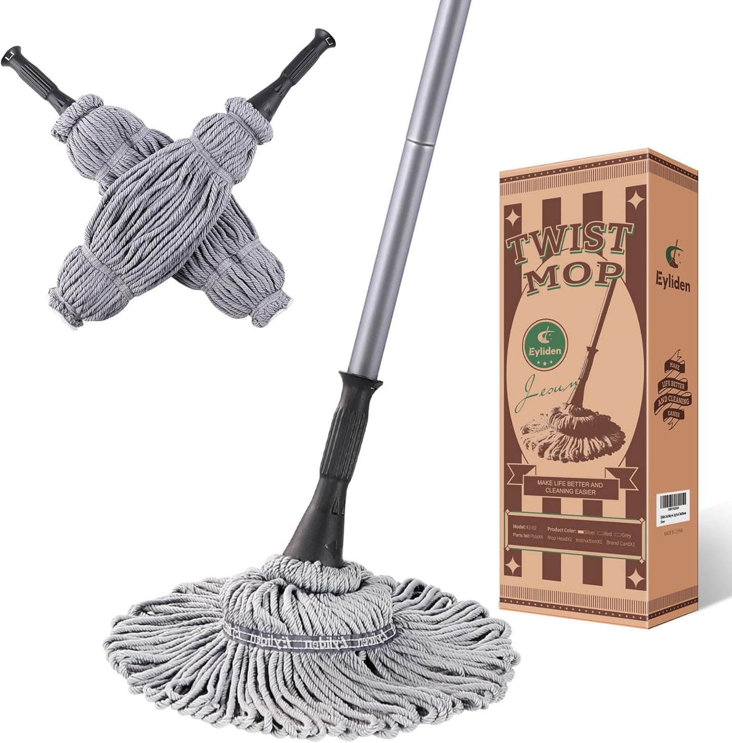 Eyliden Mop with 2 Reusable Microfiber Heads, Easy Wringing Twist Mop, 57.5 inch Long Handle, Wet Mops for Floor Cleaning, Commercial Household Clean Hardwood, Vinyl, Tile, and More (White)