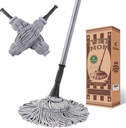 Eyliden Mop with 2 Reusable Microfiber Heads, Easy Wringing Twist Mop, 57.5 inch Long Handle, Wet Mops for Floor Cleaning, Commercial Household Clean Hardwood, Vinyl, Tile, and More (White)