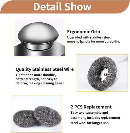 4pcs Steel Wool Scrubber with Replacement Wire Sponge Pads Set, Stainless Steel Scrubber with Handle for Scouring Stubborn Messes from Cast Iron, Pots, Pans, Grill, Stoves, Sink(2 Scrubber+2 Pads)