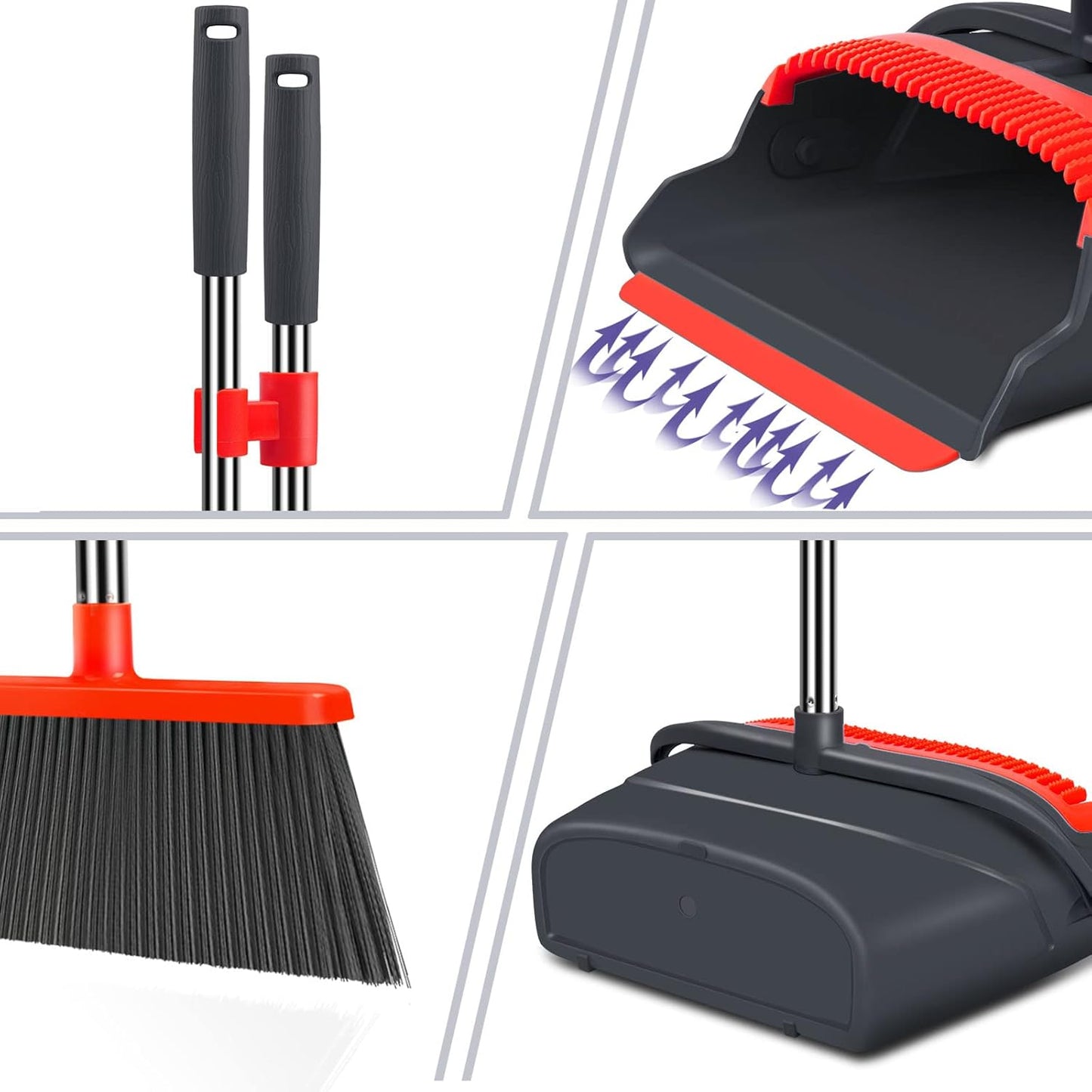 Upgrade Broom and Dustpan Set, Self-Cleaning with Dustpan Teeth, Indoor&Outdoor Sweeping, Ideal for Dog Cat Pets Home Use, Stand Up Broom and Dustpan (Gray&Orange)