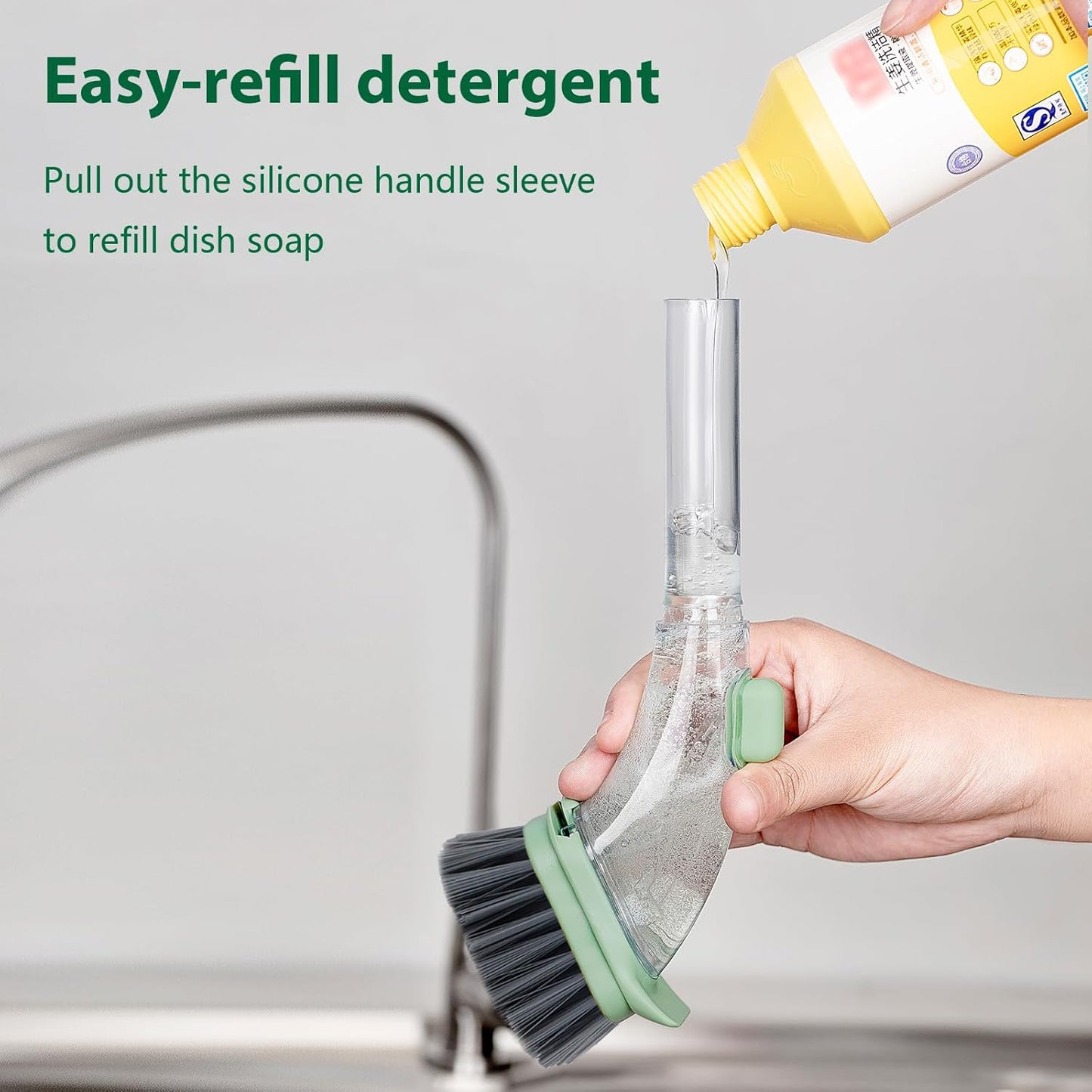 DAPOWER Soap Dispensing Dish Brush with Handle, Kitchen Scrub Brush for Dishes Pots Pans Sink Cleaning (Light Green)