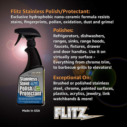 Flitz Stainless Steel Polish Protectant - 32oz Bottle, USA-Made Ceramic Coating for Stainless Steel Appliances, Repels Fingerprints & Water Spots - Aluminum & Chrome Polish & Protectant (1 Pack)