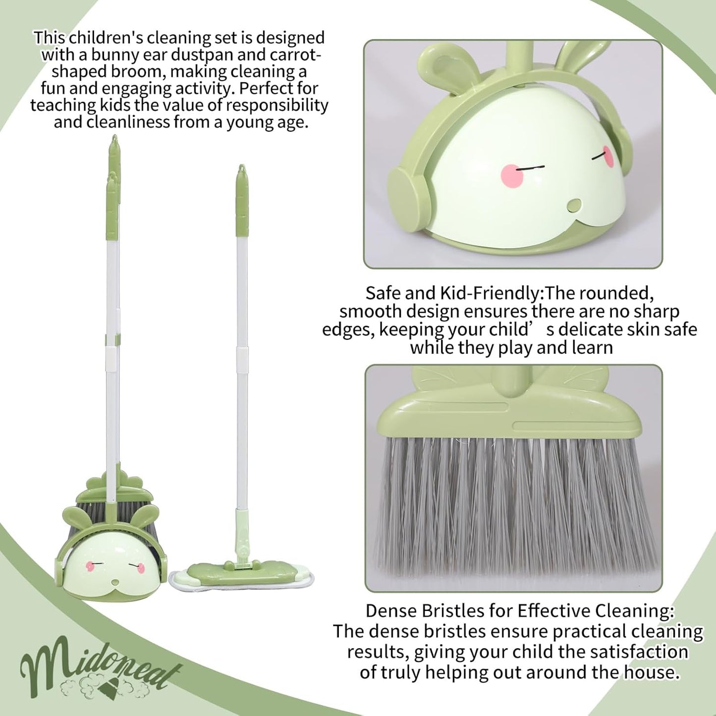 Midoneat Kids Cleaning Toy Set, Mini Child Broom, Mop and Dustpan, Little Housekeeping Helper Set ,Pretend Home Cleaning Play Set for Toddler Age 1-5,6pcs (Green)