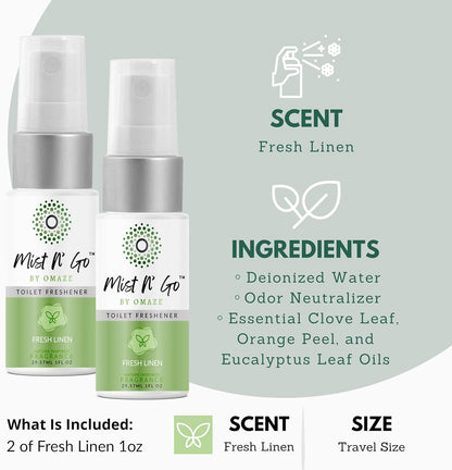 Mist N’ Go by Omaze Travel Bathroom Spray for Toilet Spray Odor Eliminator - Travel Toilet Spray for Bathroom Air Freshener Spray for Bathroom Deodorizer - Clean Mix, Travel Size (1oz x2)