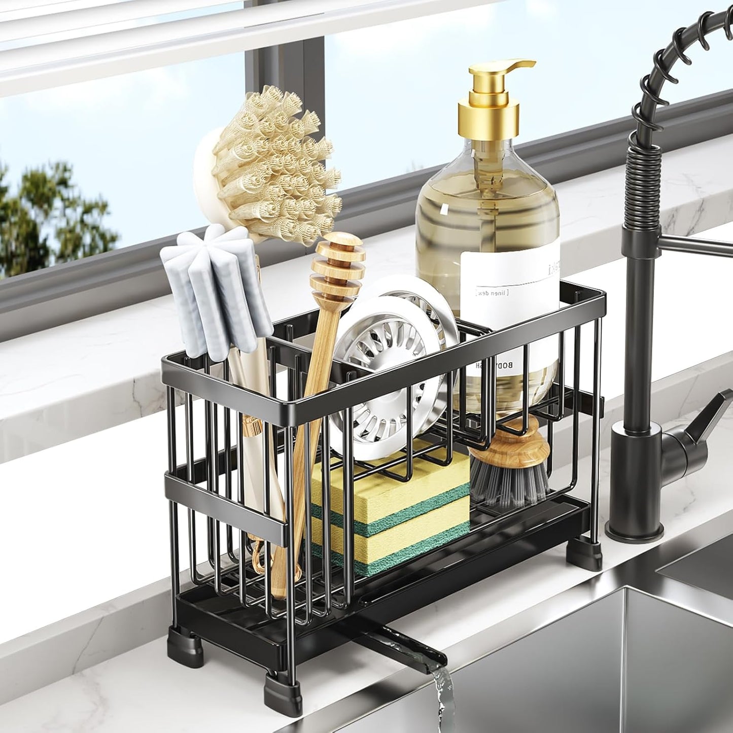 Sponge Holder for Kitchen Sink, 2-Tier Sink Caddy Organizer with High Brush Holder, Dish Soap and Scrubber Holder- Kitchen Counter Decro -RV Essentials -House Warming Gift