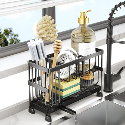 Sponge Holder for Kitchen Sink, 2-Tier Sink Caddy Organizer with High Brush Holder, Dish Soap and Scrubber Holder- Kitchen Counter Decro -RV Essentials -House Warming Gift