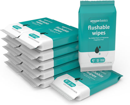 Amazon Basics Adult Wet Wipes Flushable formulated without Fragrance, 126 Count (3 Packs of 42) Packaging May Vary