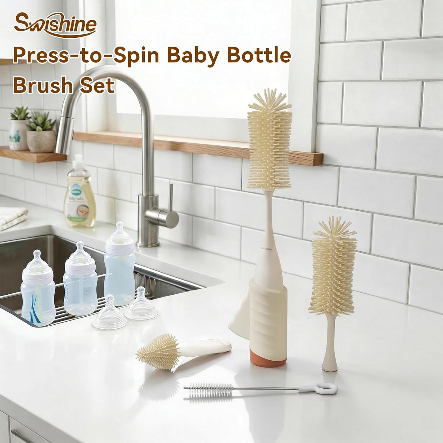 Baby Bottle Brush Set, Innovative Efficient Press-to-Spin Brush Cleaner - Includes Silicone Bottle Brush, Nipple Brush, Straw Cleaner - Spinning Generates Rich Foam for Deep Cleaning, Blue