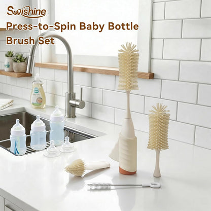 Baby Bottle Brush Set, Innovative Efficient Press-to-Spin Brush Cleaner - Includes Silicone Bottle Brush, Nipple Brush, Straw Cleaner - Spinning Generates Rich Foam for Deep Cleaning, Blue