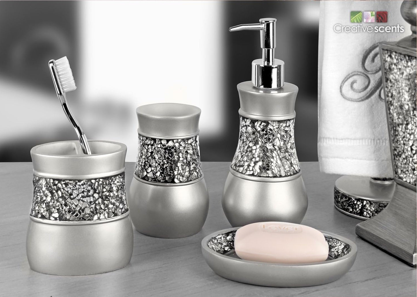Creative Scents Crackled Glass Toilet Brush with Holder - Silver Toilet Bowl Cleaner Brush and Holder - Good Grip, Deep Cleaning, Decorative Design Compact Toilet Bowl Scrubber