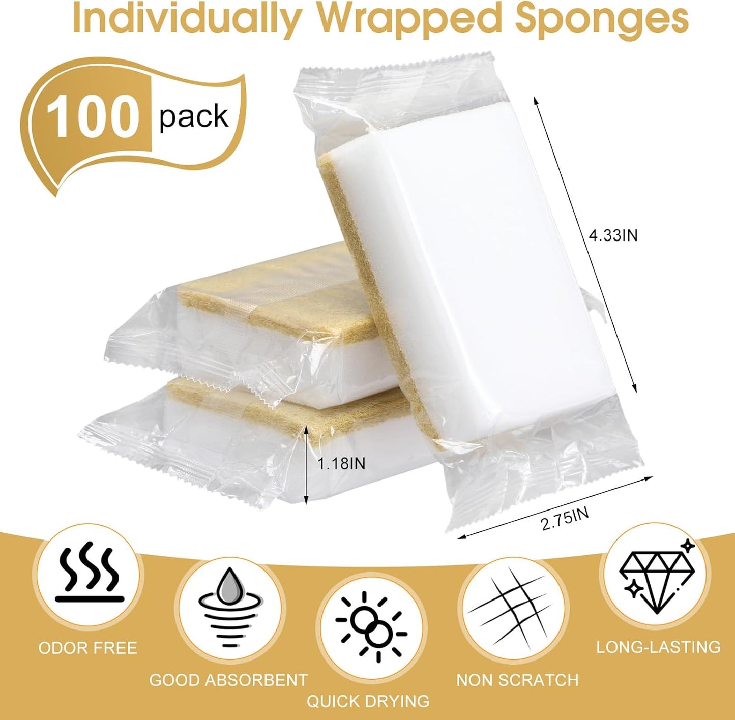 Tioncy 100 Pcs Individually Wrapped Sponges Kitchen Bulk Blue Dish Non Scratch Scrub Sponges Dual Sided Cleaning Dish Scrubber for Washing Dishes, Pots, Pans, Sinks, Stoves, Appliances, Car, Bike