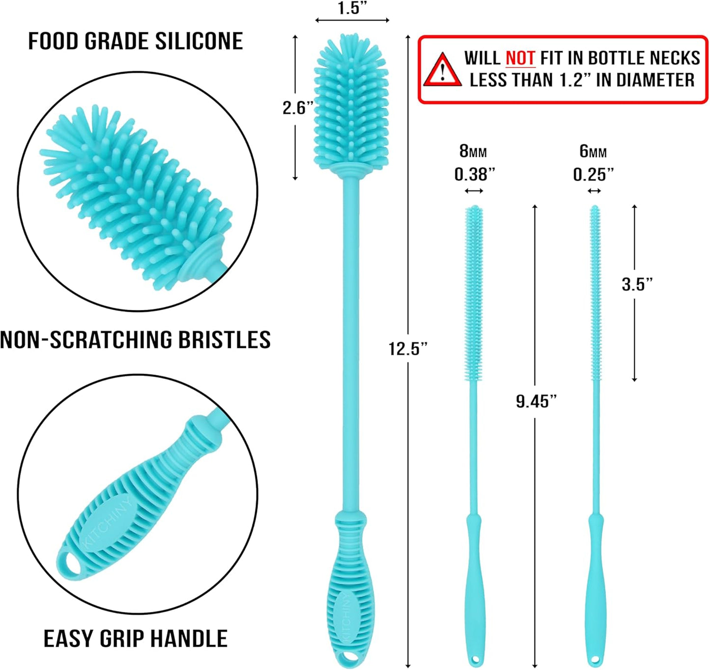 Kitchiny Silicone Bottle Brush with 2 Straw Cleaners - 12.5” Water Bottle Cleaner Brush for Yeti, Hydro Flask, Owala, Stanley, Baby Bottles, Glassware, Vases & Narrow Neck Containers - Grey