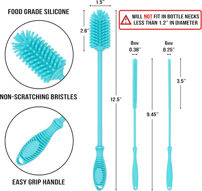 Kitchiny Silicone Bottle Brush with 2 Straw Cleaners - 12.5” Water Bottle Cleaner Brush for Yeti, Hydro Flask, Owala, Stanley, Baby Bottles, Glassware, Vases & Narrow Neck Containers - Grey