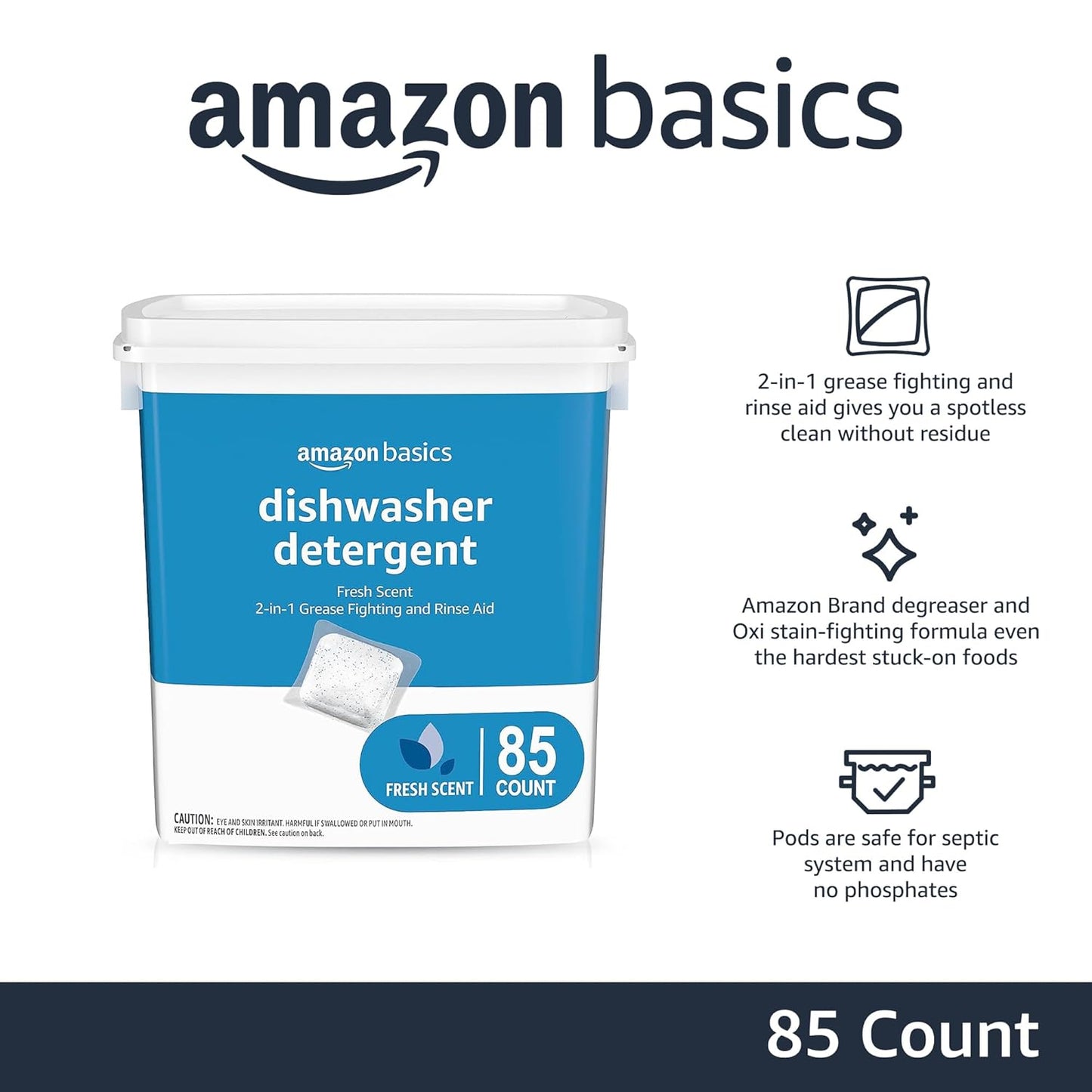 Amazon Basics Dishwasher Detergent Pacs, Fresh Scent, Cuts Grease, Rinses Clean, Removes 24HR Dried-On Stains, 85 Count (Previously Solimo)
