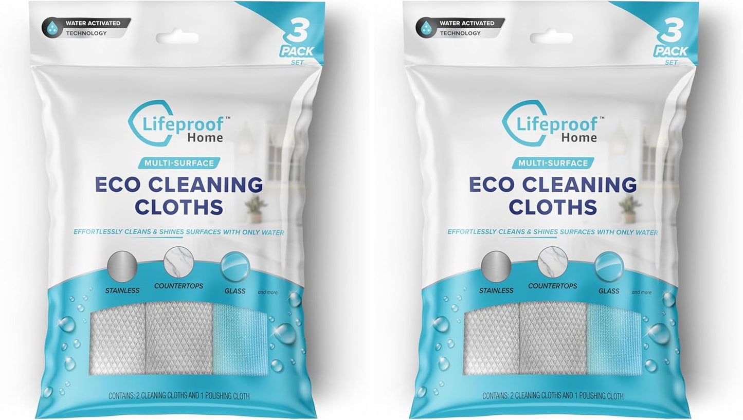 Lifeproof Streakless Microfiber Eco Cleaning Cloth Set - Effortlessly Cleans Stainless, Glass & Stone With Only Water - 3 Pack Set