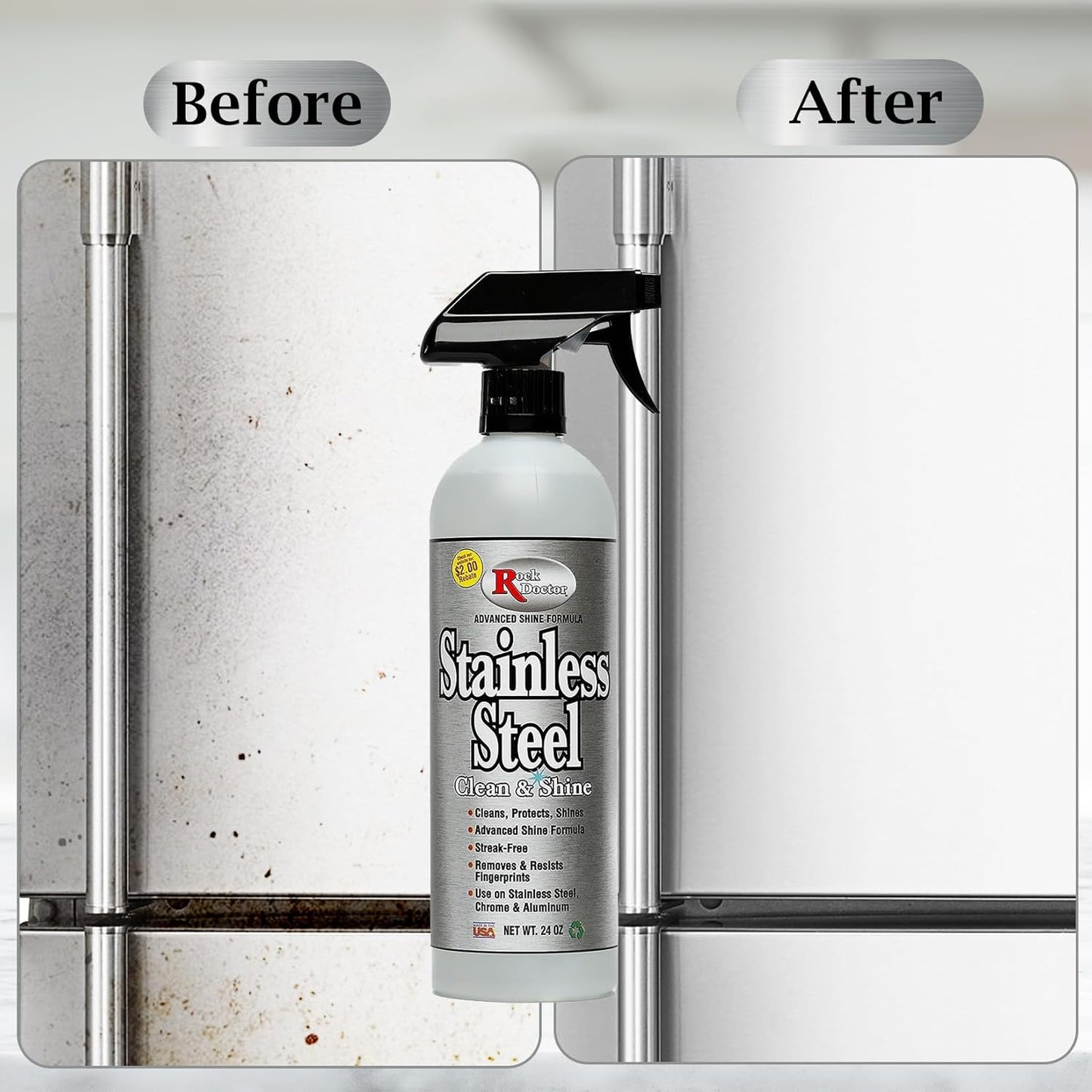 Rock Doctor Stainless Steel Cleaner and Polish, Streak-Free Cleaning Solution for Chrome and Aluminium, Stainless Appliance Cleaner, Stainless Steel Cooktop Cleaner, 24 oz. Spray Bottle, Pack of 1