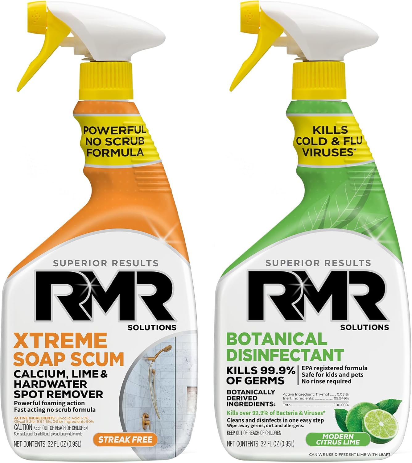 RMR Fresh Start System – Xtreme Soap Scum Remover + EPA-Registered Botanical Disinfectant Cleaner, Bathroom Cleaning & Disinfecting Bundle for Shower, Tub, Tile & Surfaces, 2–32 Oz Bottles