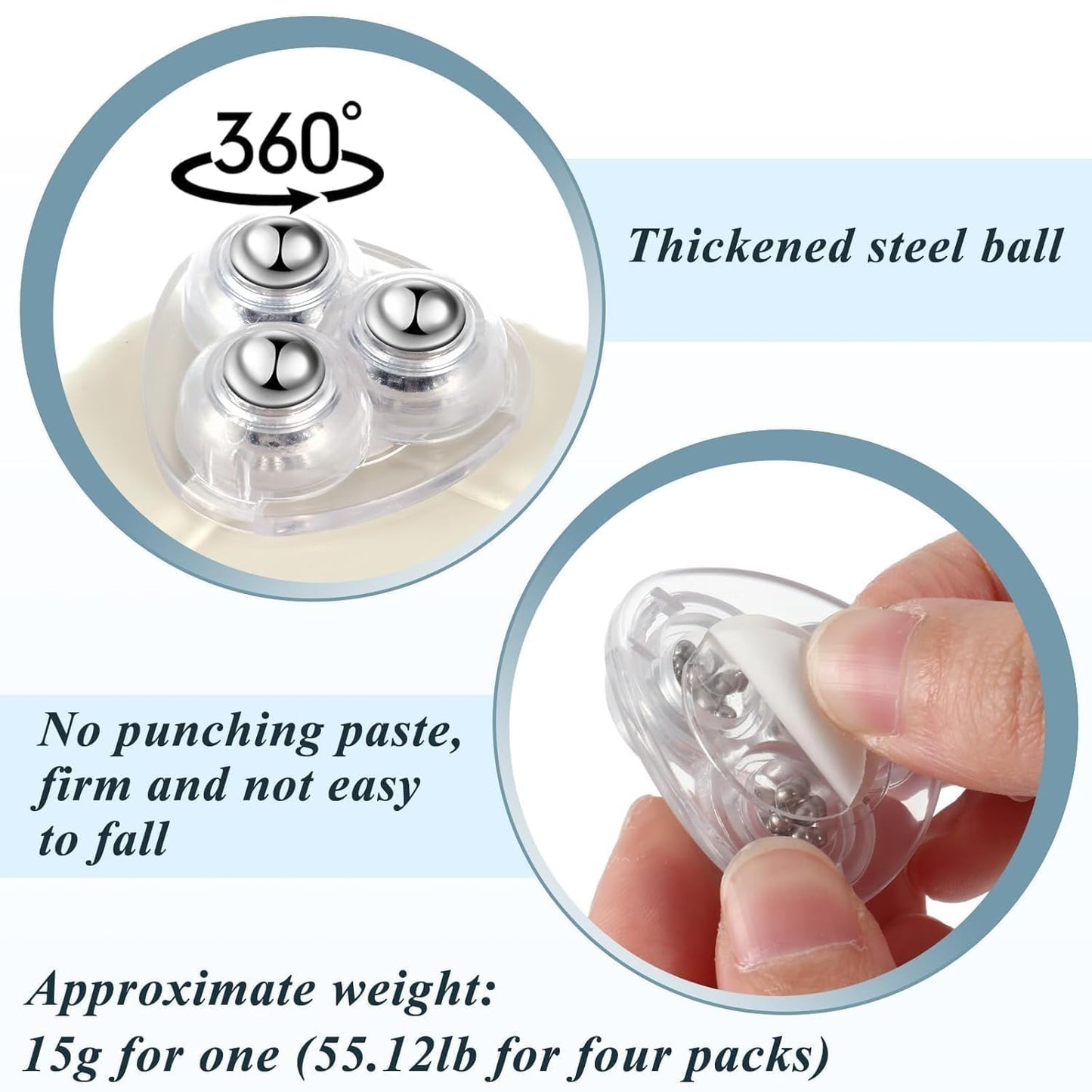 Self Adhesive Paste Caster Wheels for Furniture Bucket, Ball Castors Flat for Furniture ABS Material Load Capacity 20 LBS Per Wheel Mini Universal Wheel for Trash Can Storage Boxes 12 PCS (Clear)