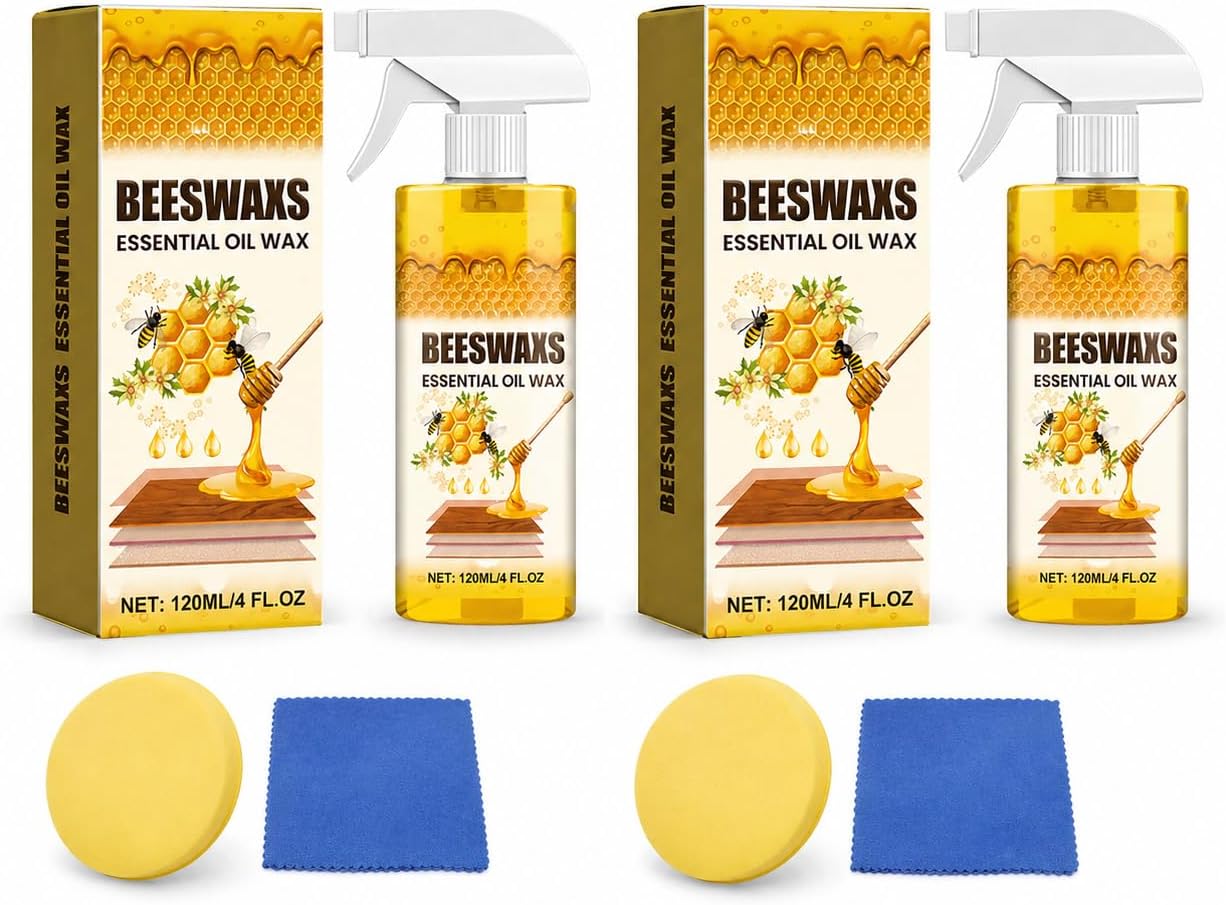 Beeswax Wood Polish Spray, 120ml Furniture Polish and Wood Cleaner Spray with Sponge and Towel, Beeswax Furniture Polish for Cabinets, Tables, Chairs, Doors and Finished Wood Surfaces (1set)