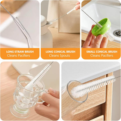 Straw Cleaner Brush Set, 5 Pcs Multi-Size Flexible Cleaning Brushes with Holder Ring, Long Pipe Cleaners for Reusable Straws, Water Bottles, Tumblers and Sippy Cups, White