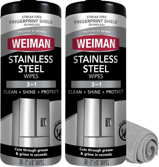 Weiman Stainless Steel Cleaner & Polish Kit, 2 Wipes & Cloth, Anti-Fingerprint, Removes Grease, Water Spots, Streaks & Residue, Polishing Cleaner Safe for Appliances, Chrome, Sinks & Grill Exteriors