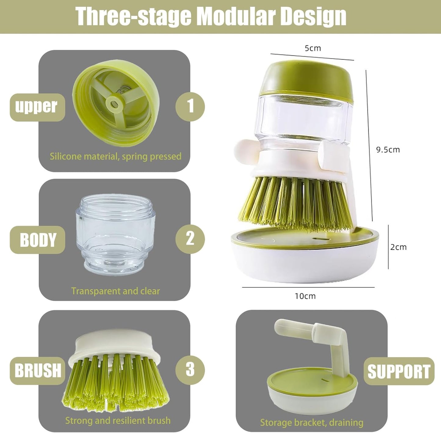 Soap Dispenser Dish Brush, Palm Brush Scrub Brush, with Storage Bracket and Drainage Base, Gray