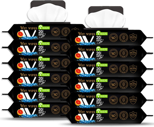 WBM Care Wet Wipes, Convenient & Blood Orange scented, Flip Top Dispenser, Thick & Strong Non-Woven Cloth, Body Wipes, 20 Sheets (Pack of 12)