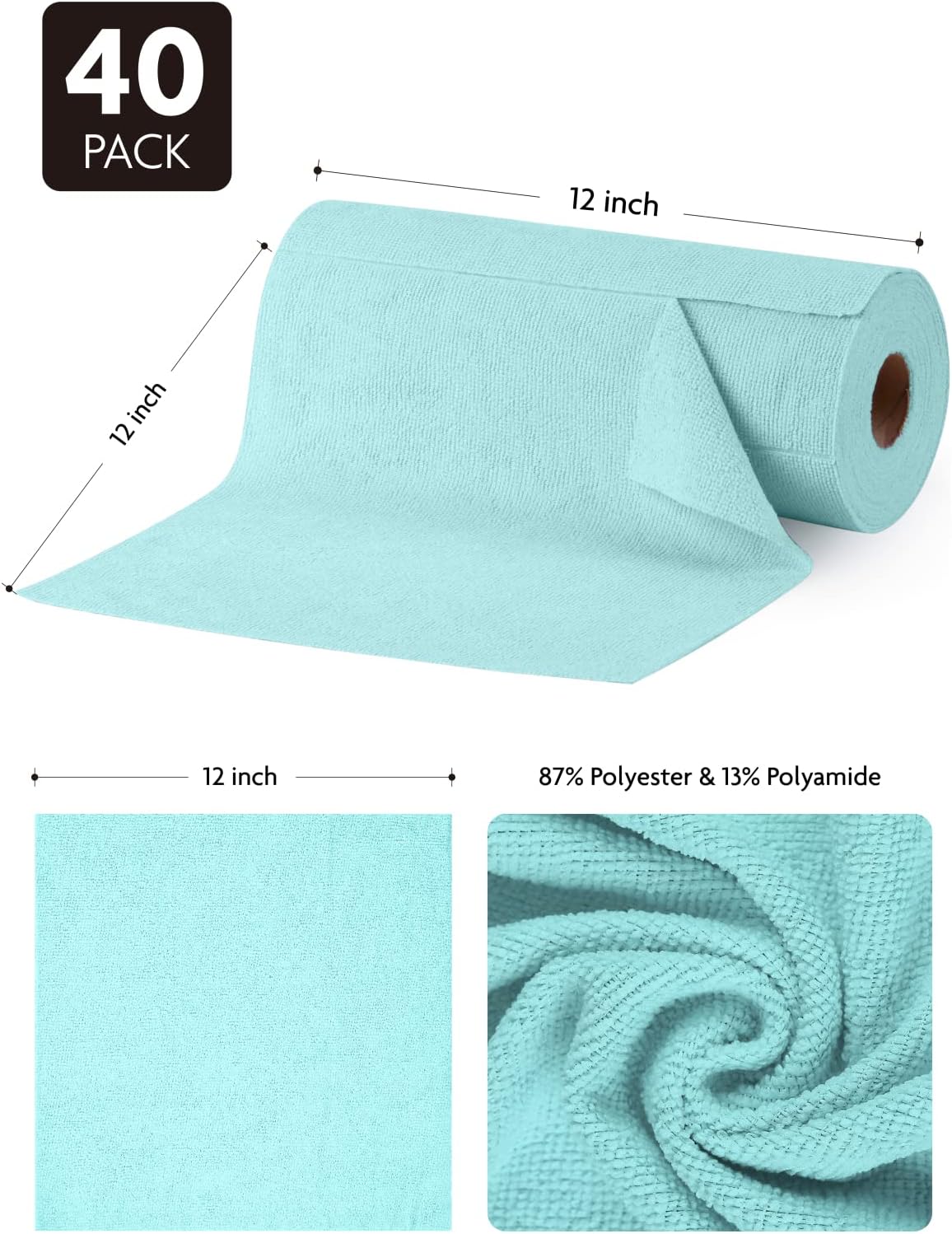 Fantasticlean Microfiber Cleaning Cloth Roll -40 Pack, Tear Away Microfiber Towels, 12" x 12", Reusable, Washable, Scratch Free, Ultra Absorbent Dishcloth for All-Around Cleaning Supplies (White)