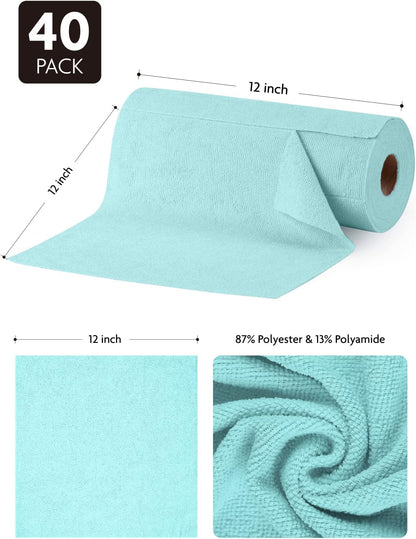 Fantasticlean Microfiber Cleaning Cloth Roll -40 Pack, Tear Away Microfiber Towels, 12" x 12", Reusable, Washable, Scratch Free, Ultra Absorbent Dishcloth for All-Around Cleaning Supplies (White)