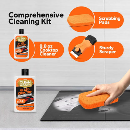 3-in-1 Cooktop Cleaner Kit (8.8 Oz Cooktop Cleaner + Scrubbing Pad + Scraper), Stovetop Cleaner for Electric Top Stoves, Ceramic Cooktops & Fireplace Glass, Remove Burned on Food, Grease