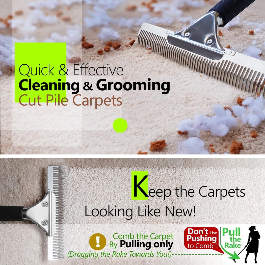 Pet Hair Carpet Rake - Multi-Surface Brush & Broom for Fluffy Rugs & Carpets - Efficient Pet Hair Removal Tool