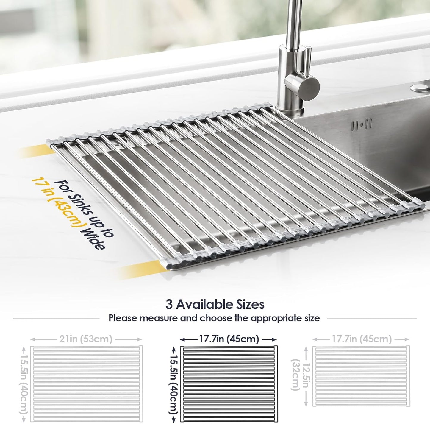 Tomorotec 17.7" x 15.5" Roll Up Dish Drying Rack Over Sink Drying Rack Sink Cover Kitchen Sink Accessories Gadget Multipurpose Organizer Foldable Stainless Steel Drainer (Grey)