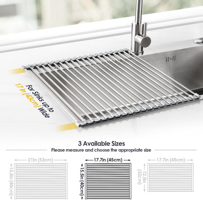 Tomorotec 17.7" x 15.5" Roll Up Dish Drying Rack Over Sink Drying Rack Sink Cover Kitchen Sink Accessories Gadget Multipurpose Organizer Foldable Stainless Steel Drainer (Grey)