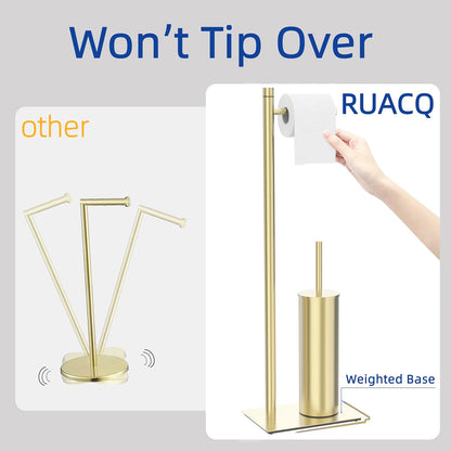 RUACQ Toilet Paper Holder Stand with Toilet Brush and Holder Set, 304 Stainless Steel Bathroom Toilet Tissue Paper Roll Holder Free Standing, Weighted Base, Heavy Duty (Matte Black)