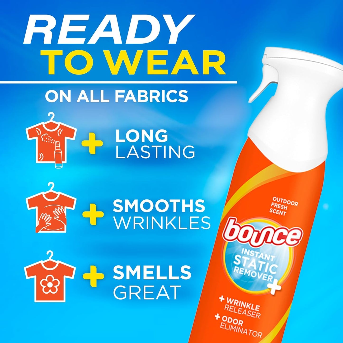 Bounce Rapid Touch-Up 3 in 1 Wrinkle Releaser Clothing Spray, Fabric Refresher, Odor Eliminator & Anti Static, 9.7 ounces (Pack of 2)