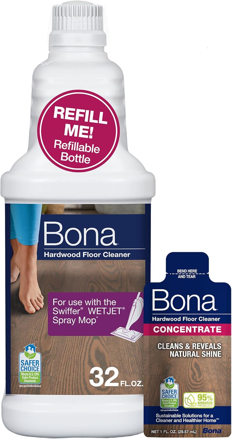 Bona Hardwood Floor Cleaner Bottle for use with Swiffer WETJET Spray Mop, Lavender Thyme Scent, makes 64 Fl Oz - Includes Filled Bottle + Concentrate Refill for Wood Floor Cleaning