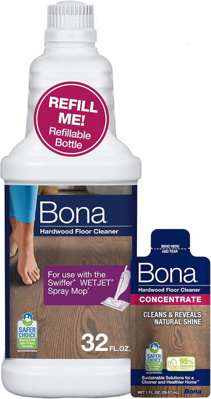 Bona Hardwood Floor Cleaner Bottle for use with Swiffer WETJET Spray Mop, Lavender Thyme Scent, makes 64 Fl Oz - Includes Filled Bottle + Concentrate Refill for Wood Floor Cleaning