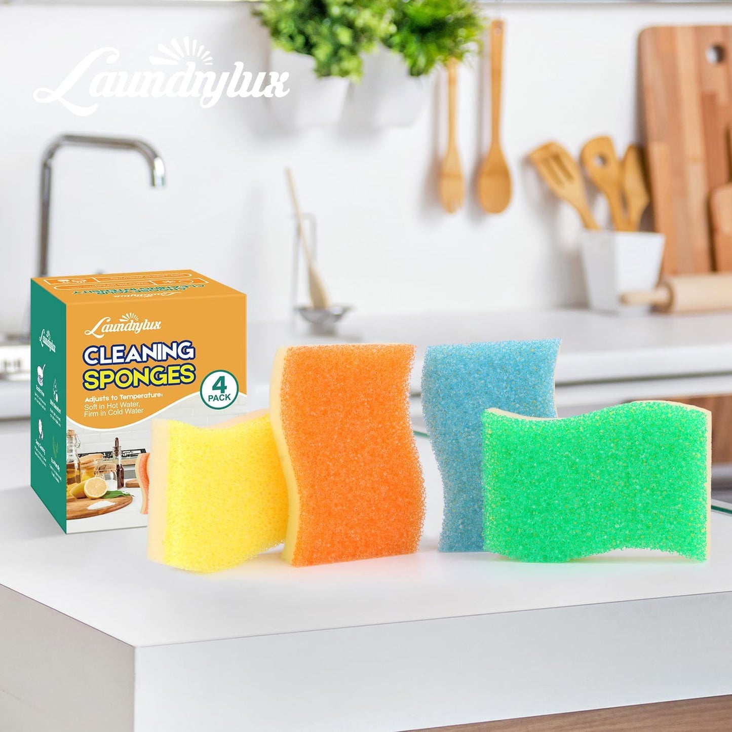LAUNDRYLUX Scrub Sponge, Dual-Sided Temperature-Responsive Scrubber - Non-Scratch - Multipurpose Dish Sponges for Kitchens, Bathrooms, and Outdoor Use - 3 Pack