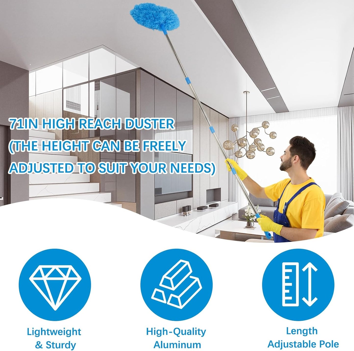 Ceiling Fan Cleaner Duster Kit 72 Inch Ceiling Fan Duster Extension Pole 8-in-1 Microfiber Duster Set for High Ceilings, Fan Blades, and Lights Reusable Cleaning Tools with Storage Bag