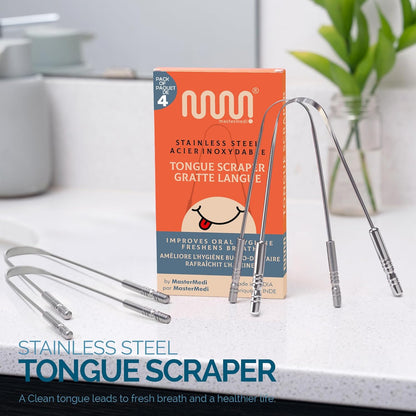 MasterMedi Tongue Scraper for Adults, 100% Stainless Steel Tongue Scrubber for Bad Breath, Easy to Use, Tongue Cleaner for Oral Care & Hygiene (SS Uni|Pack of 2)
