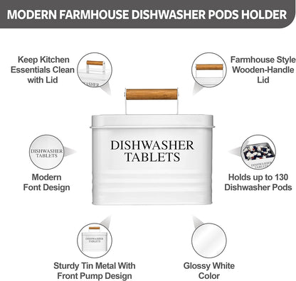 Calindiana Modern Farmhouse Metal Dishwasher Pods Container with Lid for Kitchen Organization and Storage, Kitchen Essentials Decor Accessories, Dishwasher Pods Holder, Mint