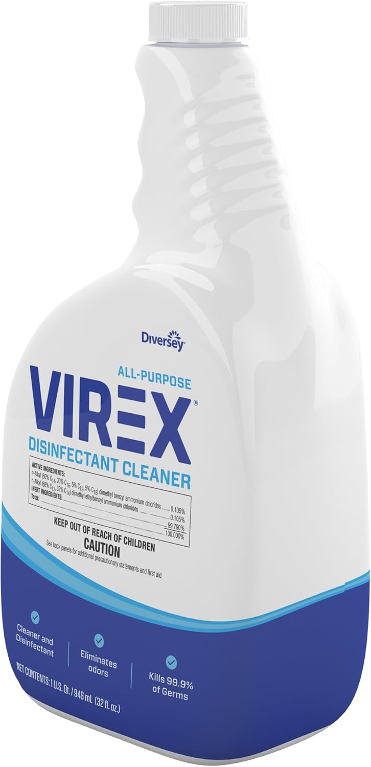 VIREX Diversey CBD540540 All Purpose Disinfectant Cleaner, For Home & Commercial Use, Kills 99.9% of Germs, Multi-Surface, Lemon Scent, Capped Ready-to-Use Spray, 32-Ounce
