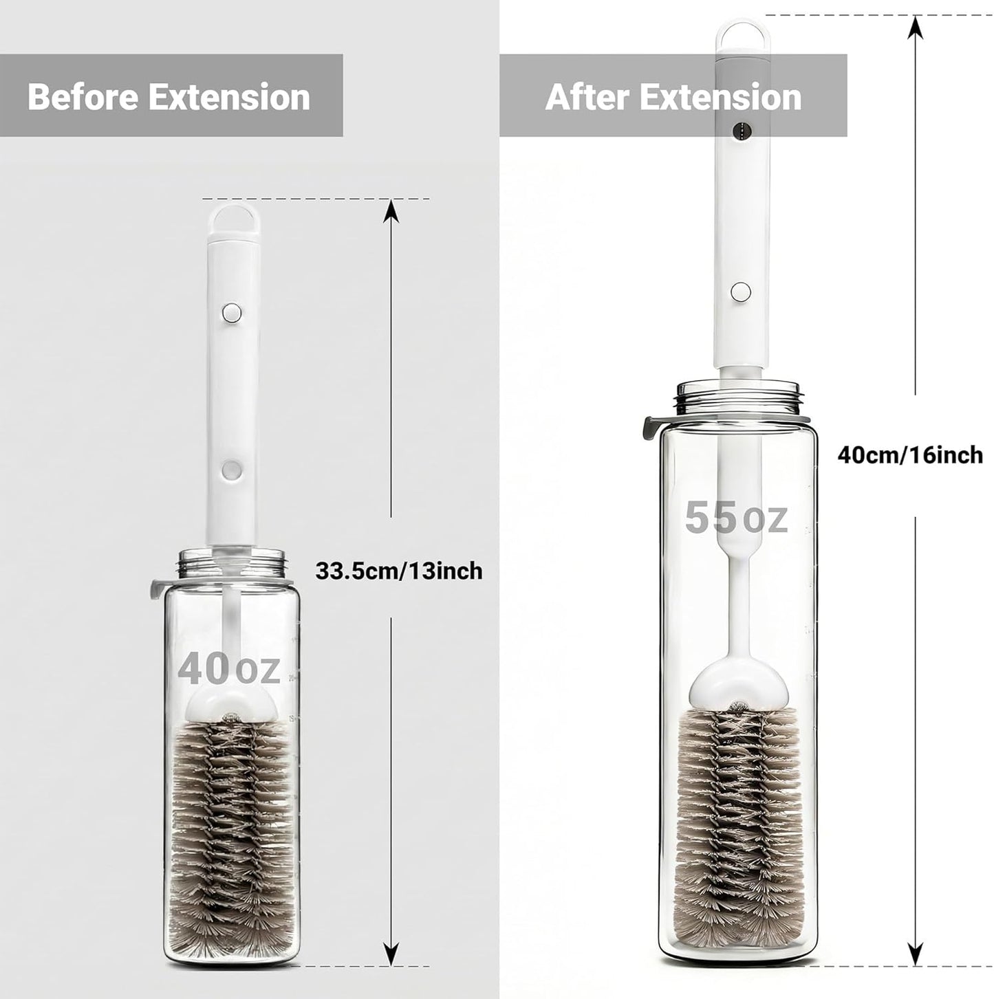 3-in-1 Water Bottle Brushes for Cleaning, 16" Extendable Long Handle Cup Cleaner Scrubber with Hidden Straw Brush for 40oz 55oz Tumblers, Wine Glass, Sports Mugs & Narrow Necks