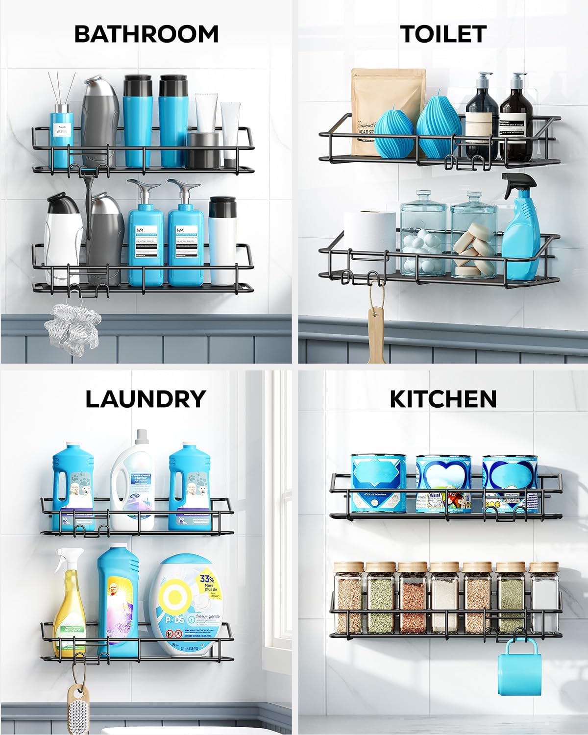 Nieifi Shower Caddy Shelf Storage Rack Adhesive Without Drilling Stainless Steel with Hooks for Washroom, Lavatory, Restroom, Toilet, Bathroom, Kitchen - 2 Pack
